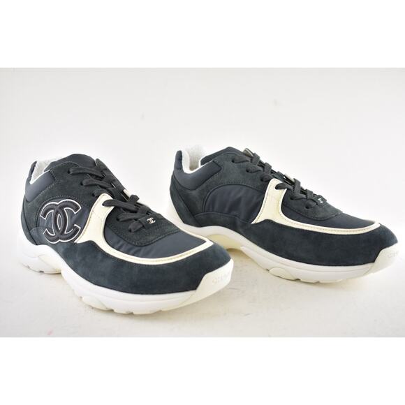 Chanel 20C Mens Blue White CC Logo Low Top Lace Up Runner Trainer Sneaker 44 11 - Picture 3 of 12